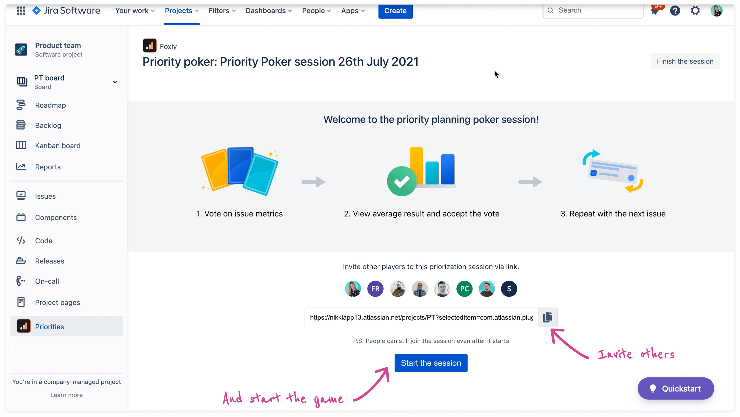 Invite players to the prioritization planning poker game in Foxly - Backlog Prioritization plugin for Jira