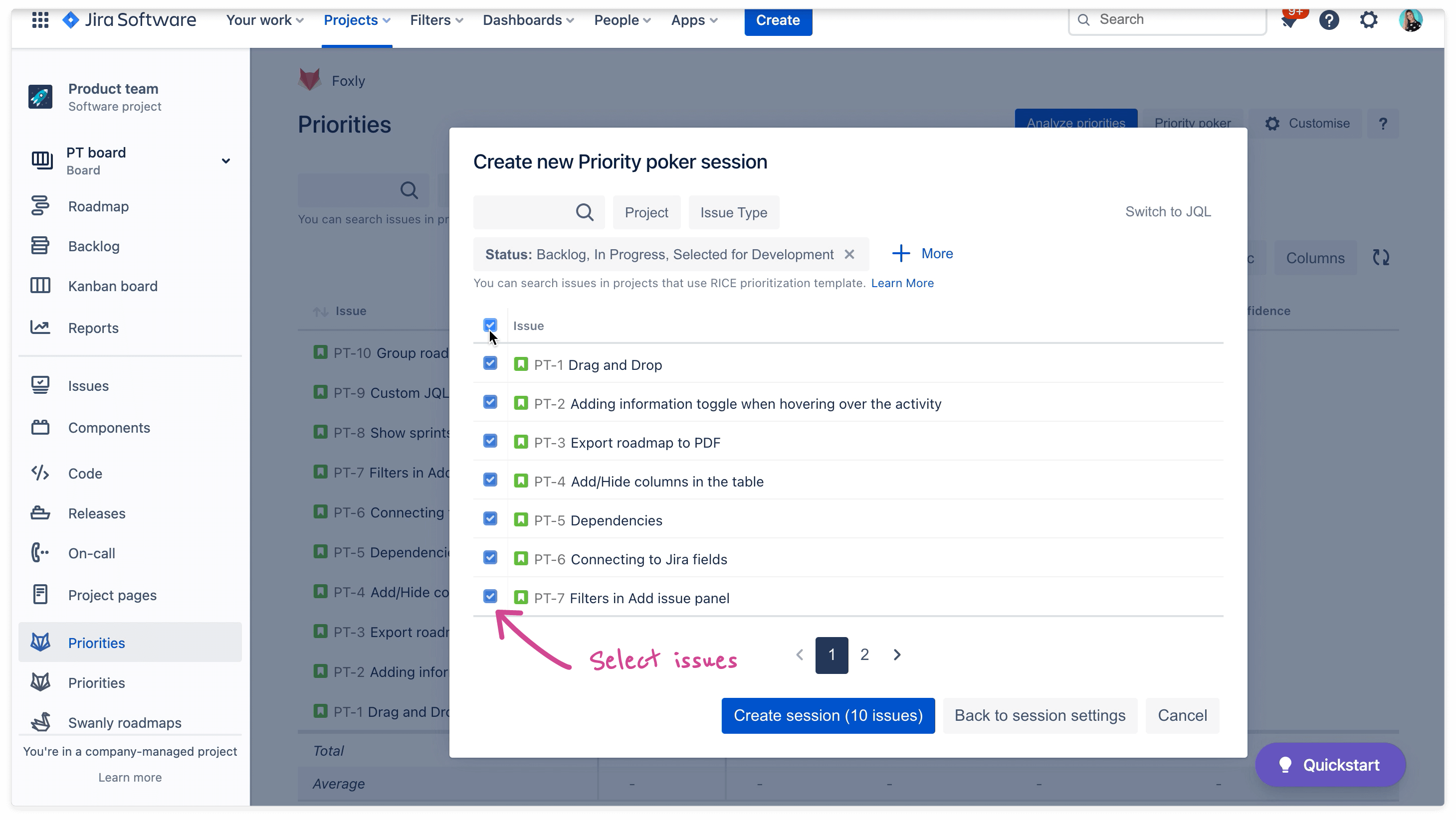 Selecting issues for Prioritization planning poker game in Foxly - Backlog Prioritization plugin for Jira