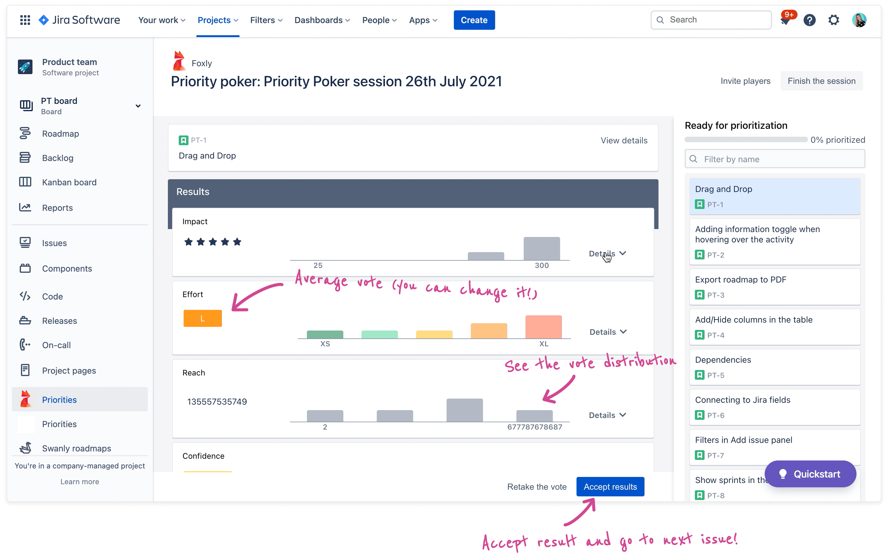 Results of prioritization planning poker game in Foxly - Backlog Prioritization plugin for Jira